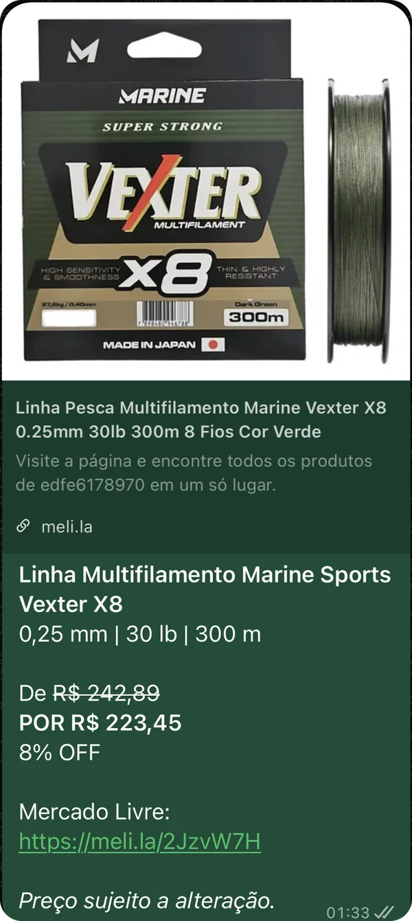 Post do grupo: Linha Multifilamento Marine Sports Vexter X8, de R$ 242,89 por R$ 223,45